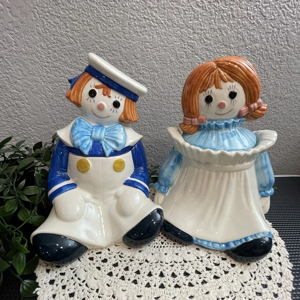 Vtg Metlox Poppytrail Raggedy Ann & Andy Ceramic Cookie Jars Pair Ca Pottery 60s